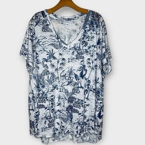NWOT Nicole Miller 100% Linen Tropical V Neck Top Tee Size 2X Blue Hawaiian